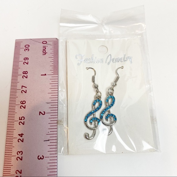 Blue Rhinestone Treble‎ Clef Earrings - Picture 3 of 3